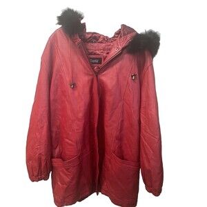 Excelled Leather Jacket Women’s 2xl Red Black Fur Trimmed Hood Y2K Nice Coat